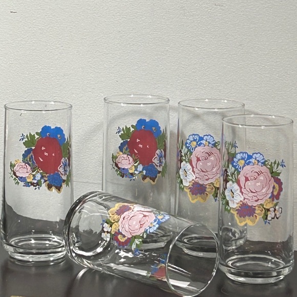 Set of 5 Tabletops Unlimited Tumbler Glasses Flowers Clear Glass Drinkware Vtg - Picture 3 of 7